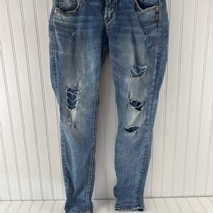 Silver Jeans Womens 27x29 Blue Boyfriend Fluid Denim Stretch Midrise Fray Hem‎